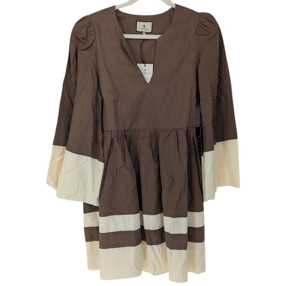 Tuckernuck Izzie Mocha Cream Stripe Linen Cotton Mini Dress Puff Sleeve NWT M - Picture 2 of 5